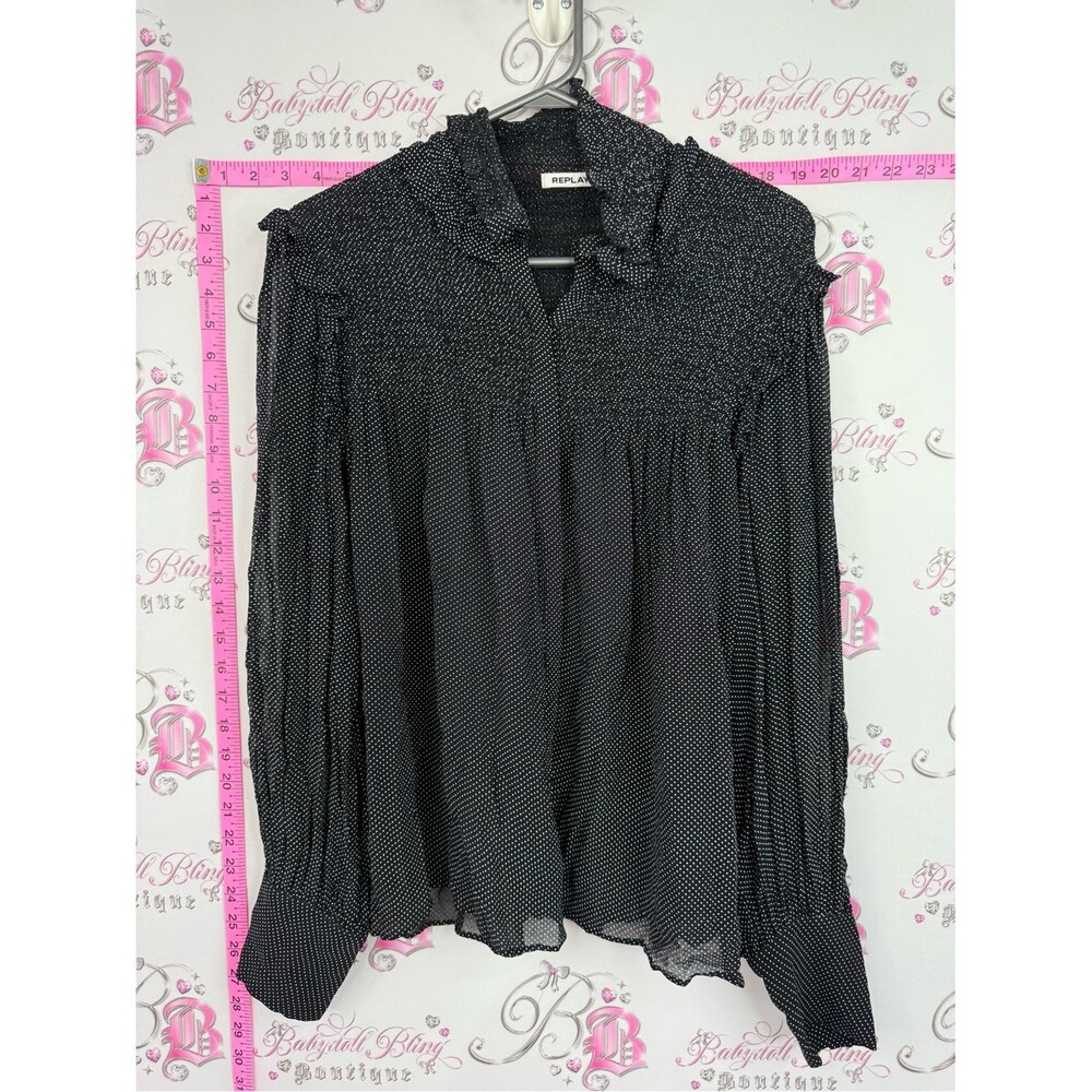 Replay shirt ruffle Black Tiny Dot Long-Sleeve Smocked Blouse
